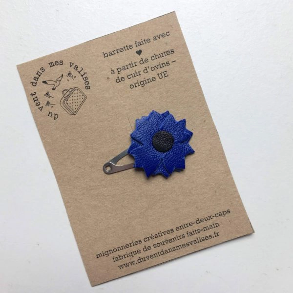 du vent dans mes valises - barrette bleuet cuir made in France