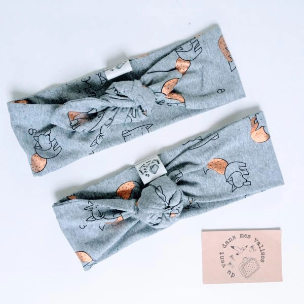 du vent dans mes valises - bandeau extensible enfant adulte jersey coton gris renards cuivre made in France