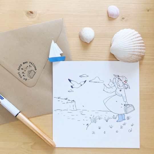 carte illustrée poétique fabrication artisanale française, femme libre comme l'air du haut des falaises - du vent dans mes valises x Eulalie sous la lune