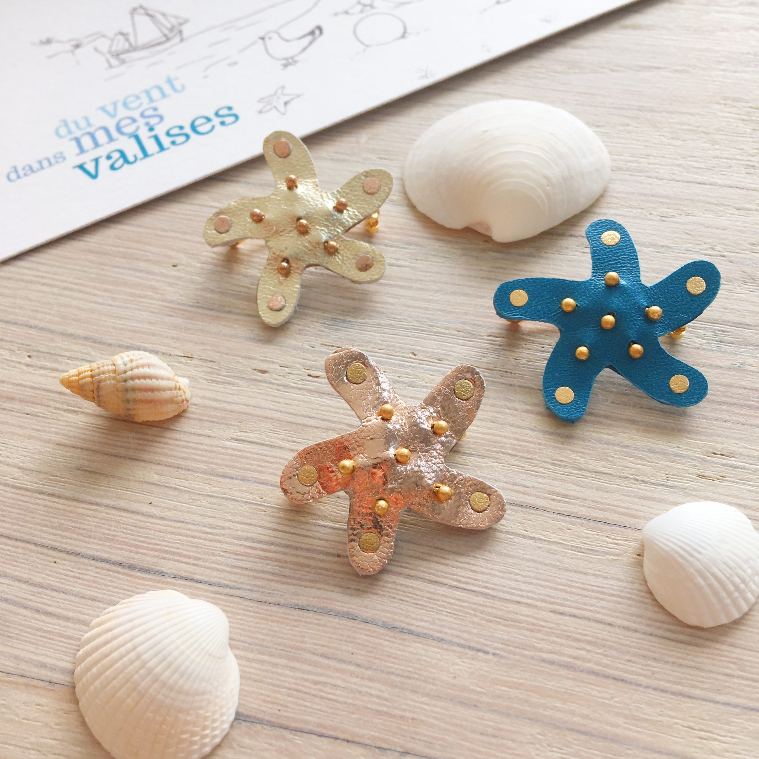 broches étoiles de mer dorée cuivrée ou bleu fabrication artisanale française - du vent dans mes valises