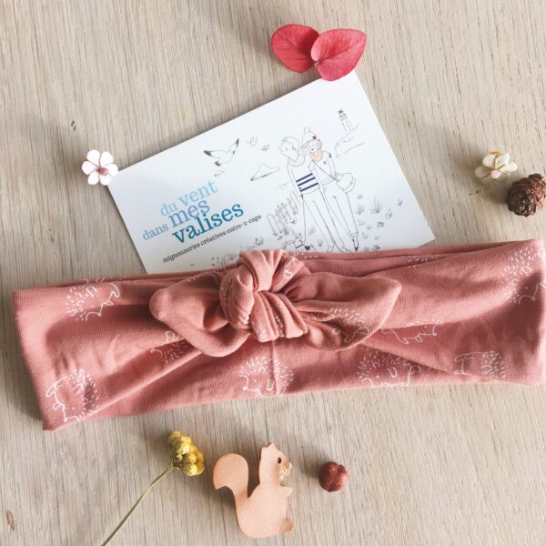bandeau femme fille extensible réglable en coton doux fabrication artisanale française motif hérisson mignon vieux rose - du vent dans mes valises