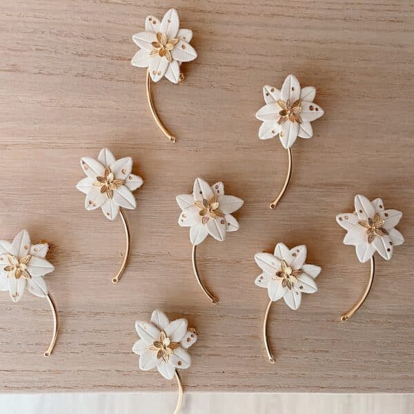 Huit broches edelweiss en cuir blanc et tiges dorées alignées sur une table en bois clair