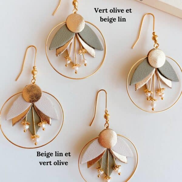 Boucles d’oreilles Colchiques, fleurs artisanales en cuir et perles d'eau douce pétales déclinés dans des coloris tendance automne hiver 2025