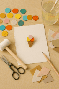 Pin’s cornet de glace en cuir – Du vent dans mes valises Pin’s en cuir en forme de cornet de glace à l’italienne – atelier créatif été