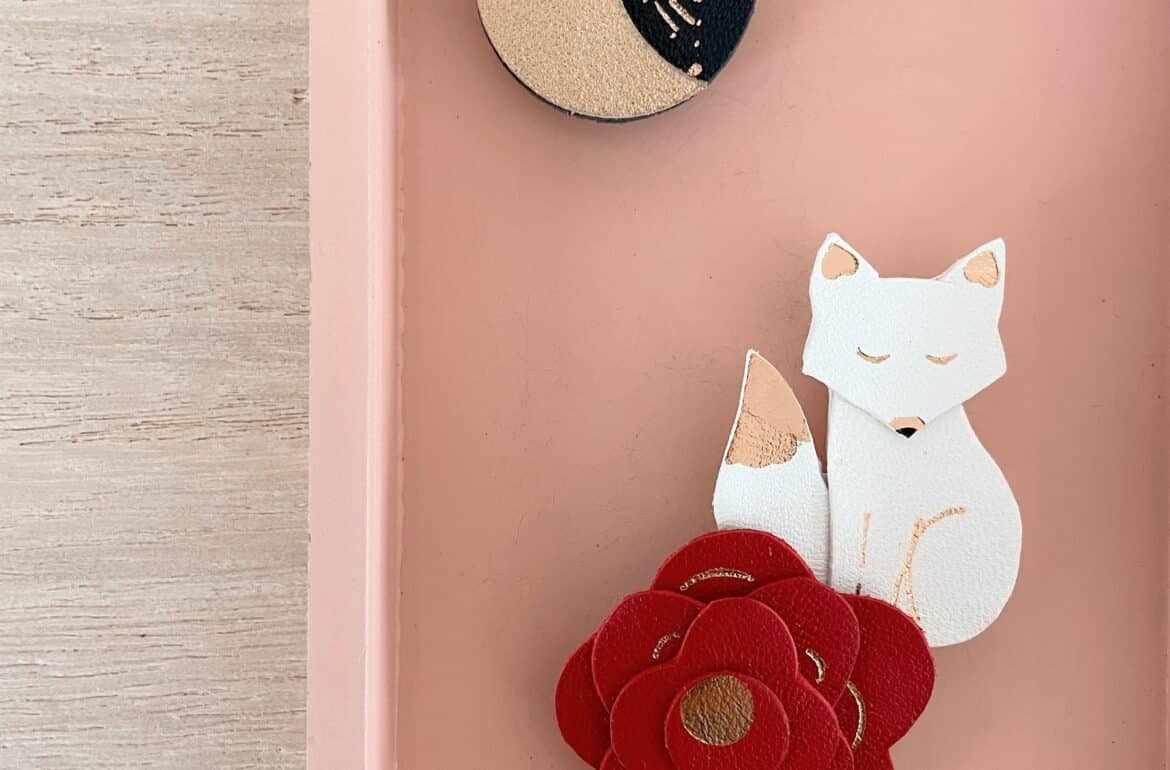 broche renard blanc fait main, dorure à chaud