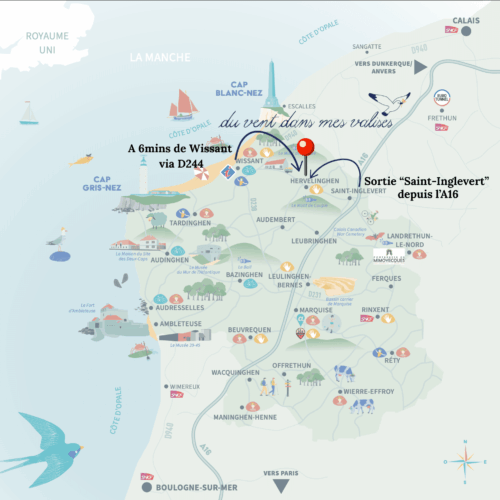 Plan d’accès — Atelier près de Wissant, Côte d’Opale © Du vent dans mes valises Plan d’accès à l’atelier Du vent dans mes valises près de Wissant : itinéraires depuis l’A16 et depuis Wissant, repères et stationnement sur la Côte d’Opale.