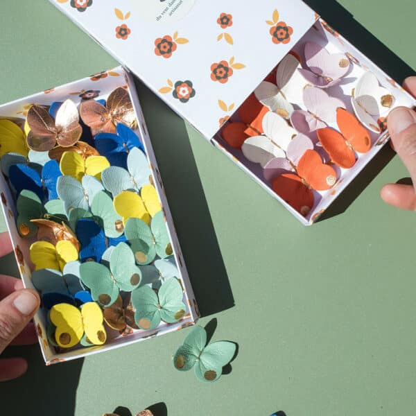 Deux boîtes de papillons décoratifs en cuir surcyclé aux palettes contrastées, tons vifs et tons doux
