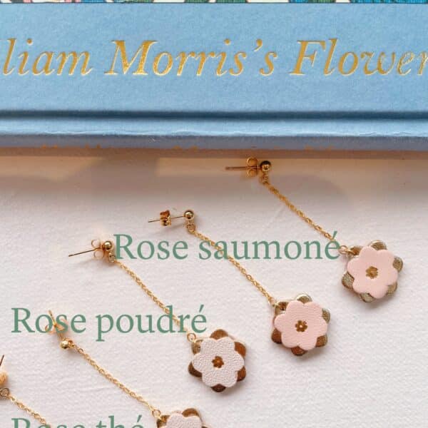 Boucles Corolles pendantes en plusieurs nuances de rose et ivoire, cœur doré