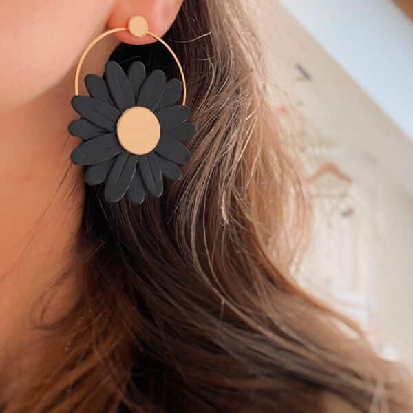 Boucle d’oreille marguerite bleu nuit à cœur doré portée à l’oreille, sur créole dorée